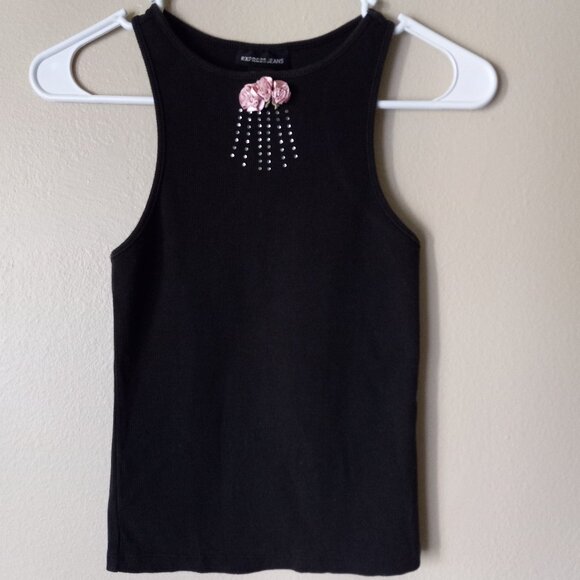 EXPRESS Olive Green Tank with Pink Roses and Sequins Women's S - Picture 1 of 4